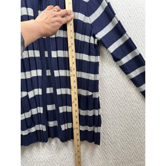 Striped Navy & Gray Open Front Cardigan Sweater Pleated Front & Back LARGE - Picture 11 of 12